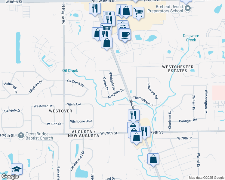 map of restaurants, bars, coffee shops, grocery stores, and more near 8076 Birchfield Drive in Indianapolis