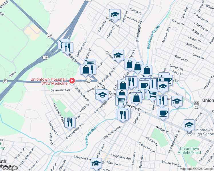 map of restaurants, bars, coffee shops, grocery stores, and more near 196 West Main Street in Uniontown