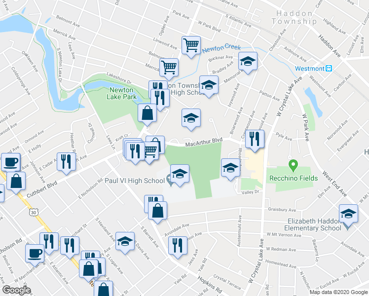map of restaurants, bars, coffee shops, grocery stores, and more near 4 Macarthur Boulevard in Haddon Township