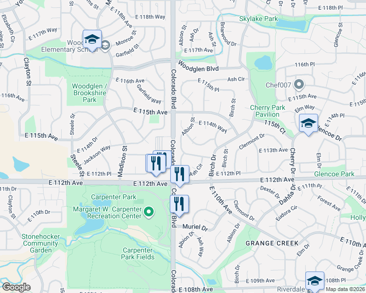 map of restaurants, bars, coffee shops, grocery stores, and more near 11313 Albion Street in Thornton