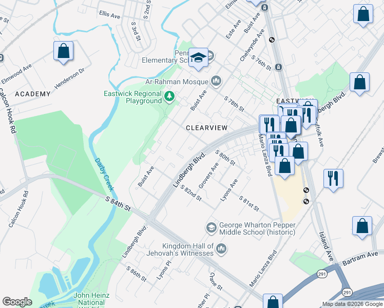 map of restaurants, bars, coffee shops, grocery stores, and more near 8043 Lindbergh Boulevard in Philadelphia