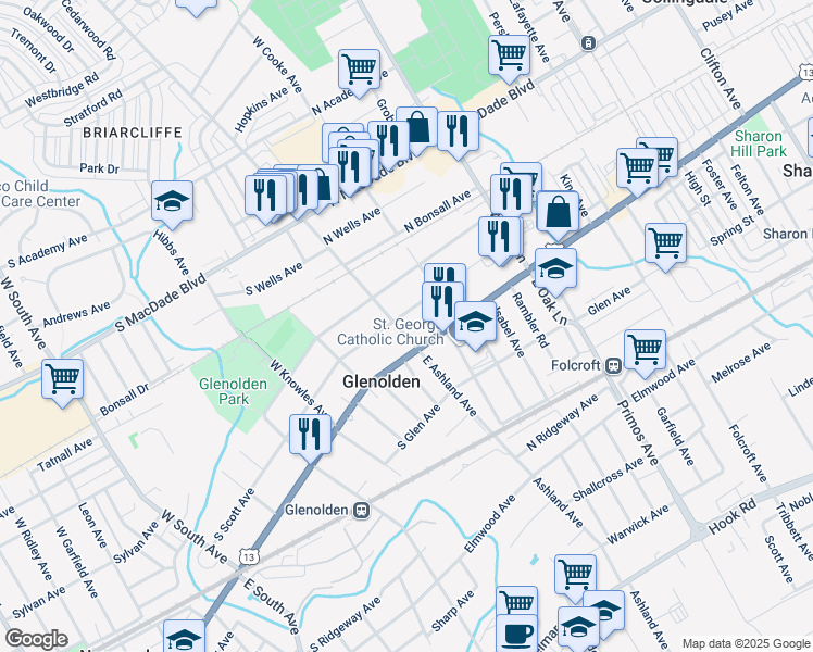 map of restaurants, bars, coffee shops, grocery stores, and more near 2 North Chester Pike in Glenolden