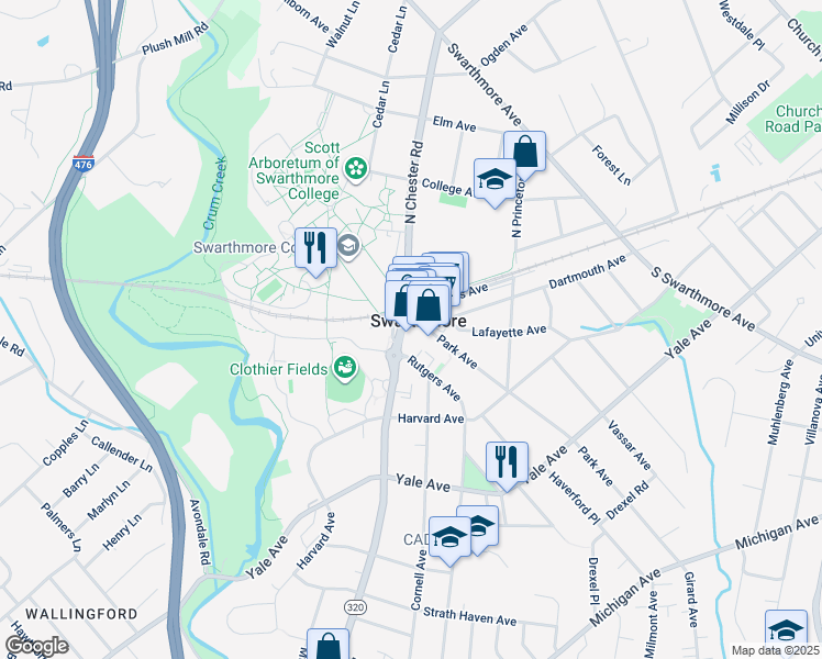 map of restaurants, bars, coffee shops, grocery stores, and more near in Swarthmore