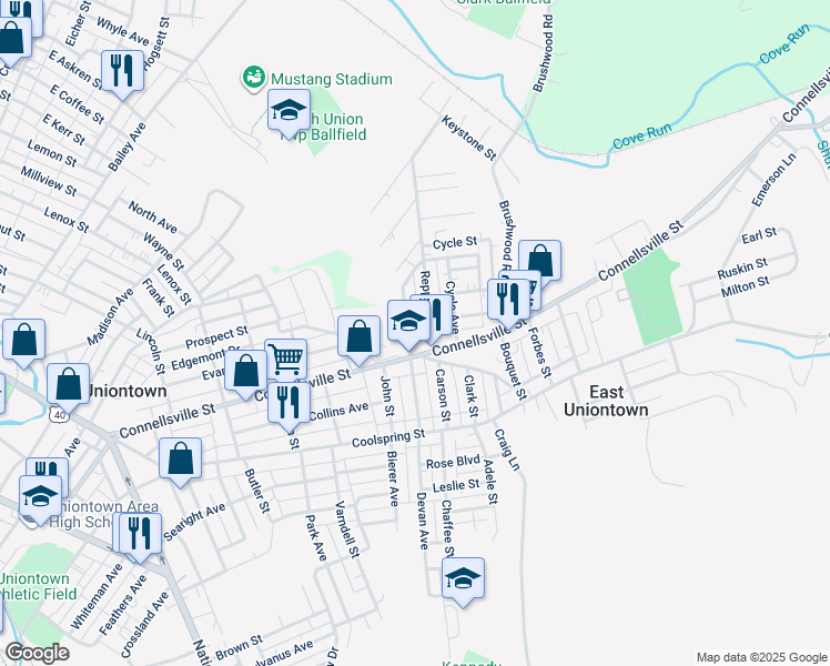 map of restaurants, bars, coffee shops, grocery stores, and more near 16 North Gordon Street in Uniontown
