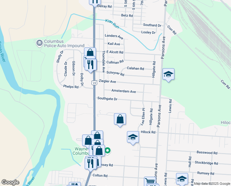 map of restaurants, bars, coffee shops, grocery stores, and more near 118 Southgate Drive in Columbus