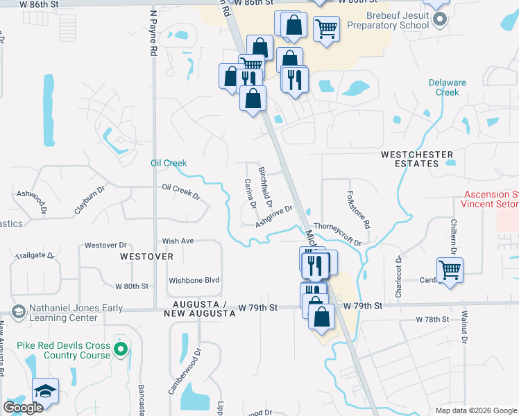 map of restaurants, bars, coffee shops, grocery stores, and more near 8068 Birchfield Drive in Indianapolis