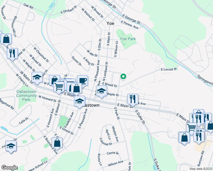 map of restaurants, bars, coffee shops, grocery stores, and more near 100 East Broad Street in Dallastown