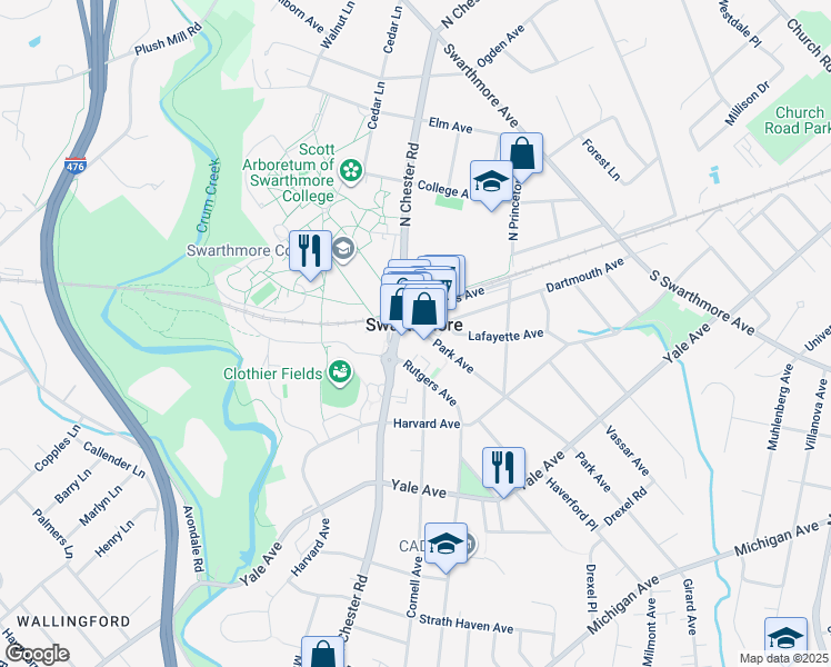map of restaurants, bars, coffee shops, grocery stores, and more near in Swarthmore