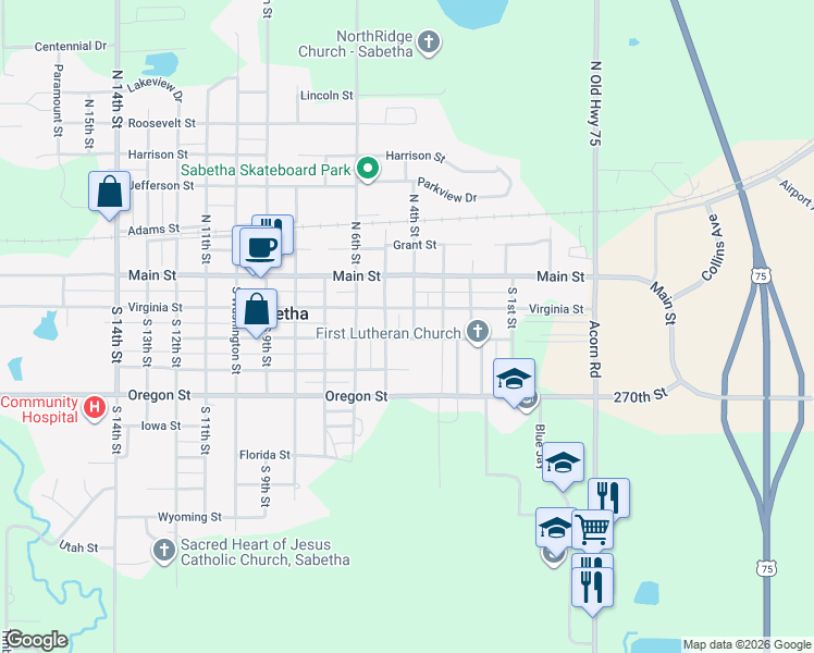 map of restaurants, bars, coffee shops, grocery stores, and more near 402-498 Ohio Street in Sabetha