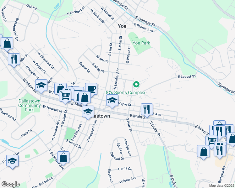 map of restaurants, bars, coffee shops, grocery stores, and more near 100 East Broad Street in Dallastown