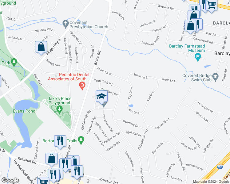 map of restaurants, bars, coffee shops, grocery stores, and more near 116 Courtland Road in Cherry Hill