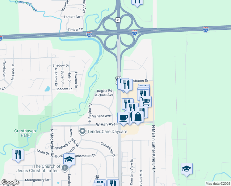 map of restaurants, bars, coffee shops, grocery stores, and more near 4301-4399 Huston Hills Road in Decatur