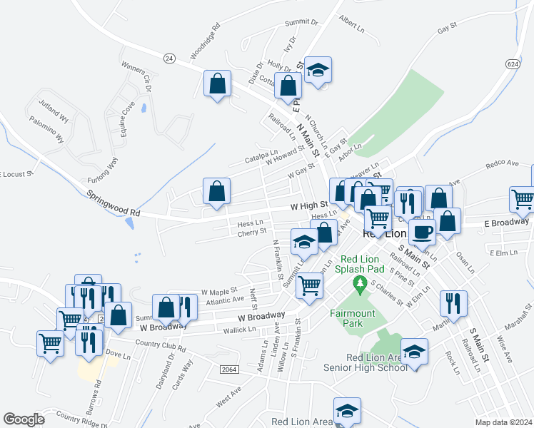 map of restaurants, bars, coffee shops, grocery stores, and more near 204 West High Street in Red Lion