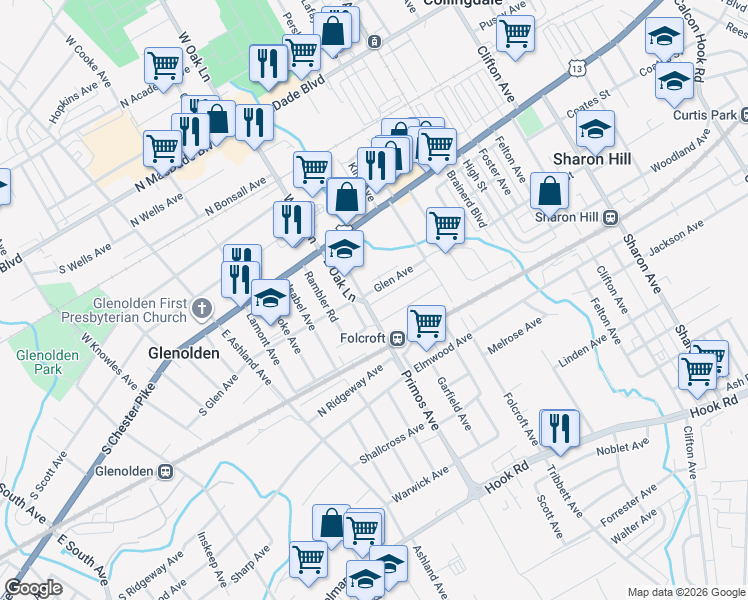 map of restaurants, bars, coffee shops, grocery stores, and more near 1556 Woodland Avenue in Folcroft
