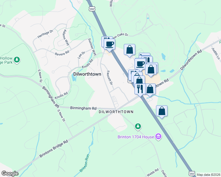 map of restaurants, bars, coffee shops, grocery stores, and more near 1370 Old Wilmington Pike in West Chester