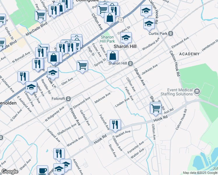 map of restaurants, bars, coffee shops, grocery stores, and more near 1401 Elmwood Avenue in Sharon Hill
