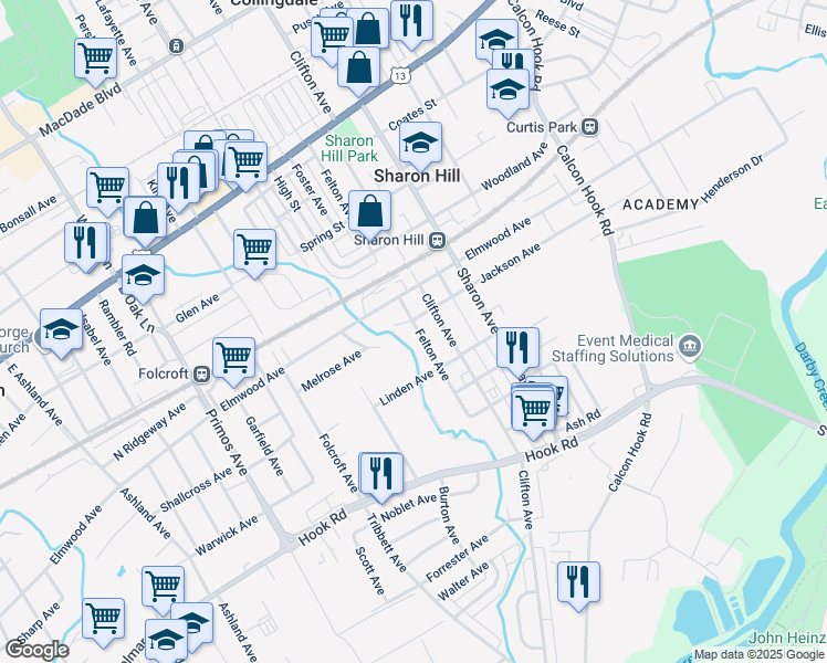 map of restaurants, bars, coffee shops, grocery stores, and more near 600 Felton Avenue in Sharon Hill