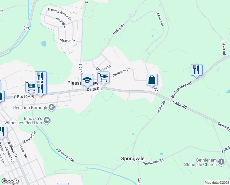 map of restaurants, bars, coffee shops, grocery stores, and more near 748 Delta Road in Red Lion