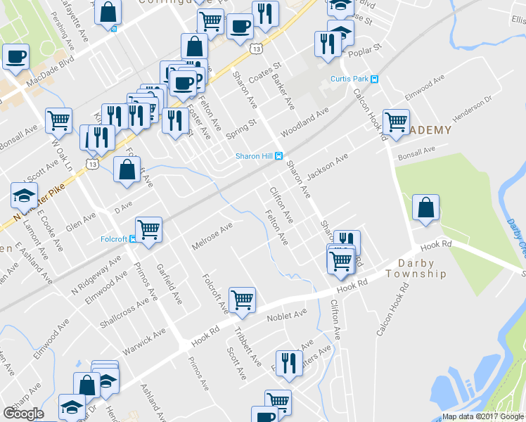 map of restaurants, bars, coffee shops, grocery stores, and more near 600 Felton Avenue in Sharon Hill