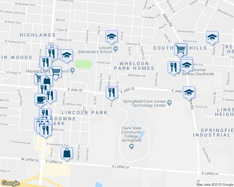map of restaurants, bars, coffee shops, grocery stores, and more near 1850 York Street in Springfield
