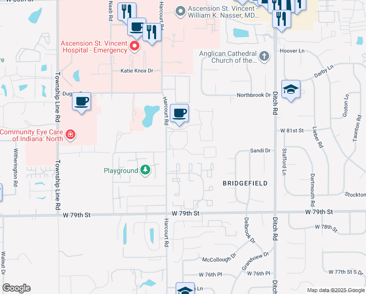 map of restaurants, bars, coffee shops, grocery stores, and more near 1801 Centurion Parkway in Indianapolis