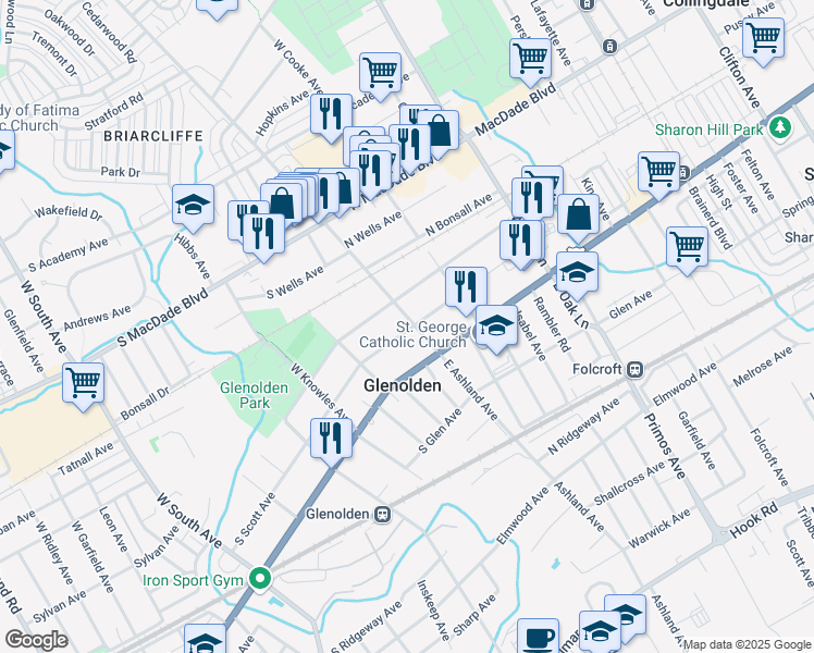 map of restaurants, bars, coffee shops, grocery stores, and more near 22 South Scott Avenue in Glenolden