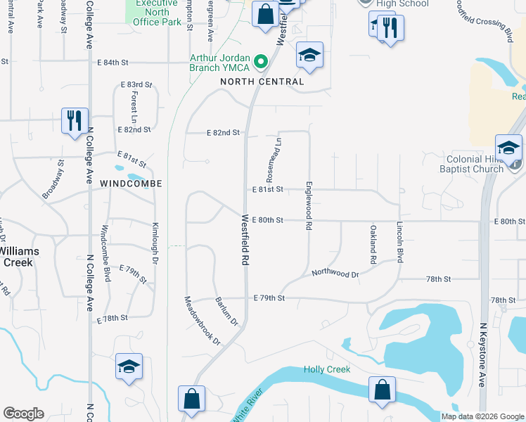 map of restaurants, bars, coffee shops, grocery stores, and more near 8006 Westfield Boulevard in Indianapolis