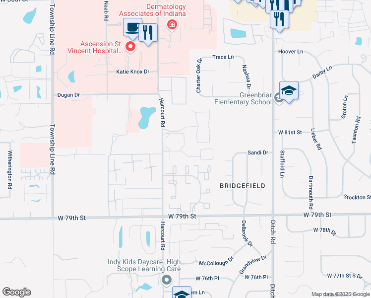 map of restaurants, bars, coffee shops, grocery stores, and more near 1801 Centurion Parkway in Indianapolis