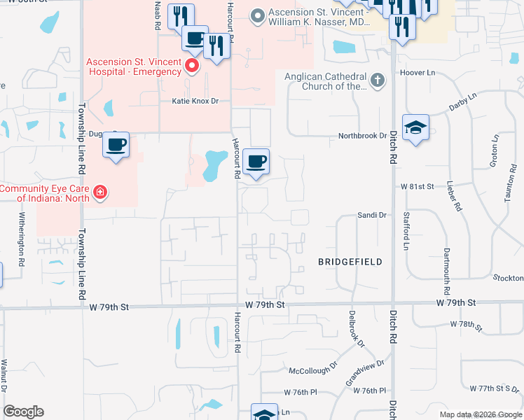 map of restaurants, bars, coffee shops, grocery stores, and more near 1801 Centurion Parkway in Indianapolis