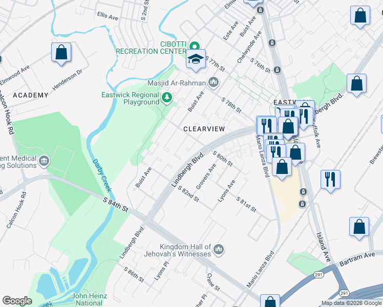 map of restaurants, bars, coffee shops, grocery stores, and more near 8029 Lindbergh Boulevard in Philadelphia