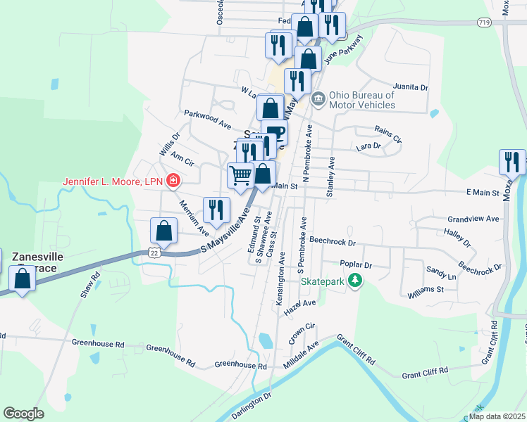 map of restaurants, bars, coffee shops, grocery stores, and more near 45 South Shawnee Avenue in Zanesville