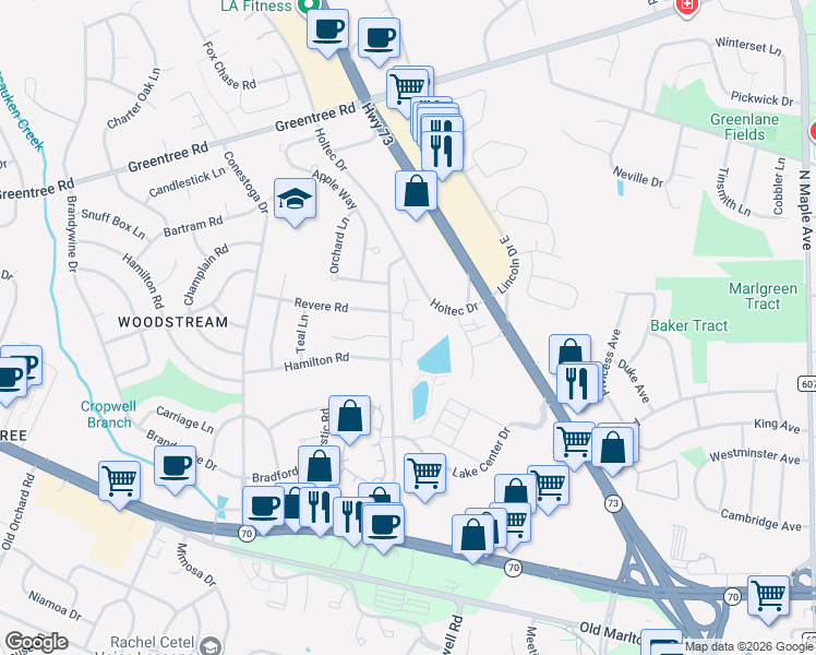 map of restaurants, bars, coffee shops, grocery stores, and more near 1005 Chesterwood Court in Evesham