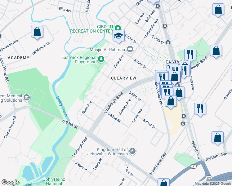 map of restaurants, bars, coffee shops, grocery stores, and more near 8029 Lindbergh Boulevard in Philadelphia