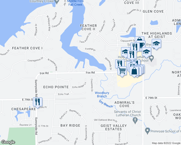 map of restaurants, bars, coffee shops, grocery stores, and more near Fox Road in Indianapolis