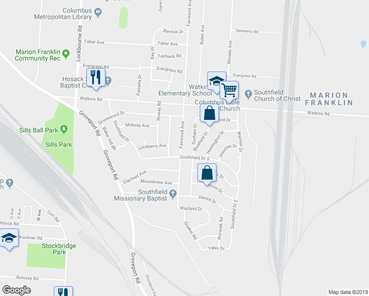 map of restaurants, bars, coffee shops, grocery stores, and more near 3096 Fairwood Avenue in Columbus