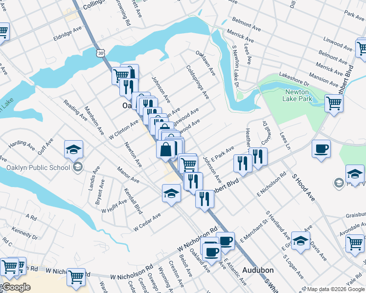 map of restaurants, bars, coffee shops, grocery stores, and more near 11 Ormond Avenue in Oaklyn