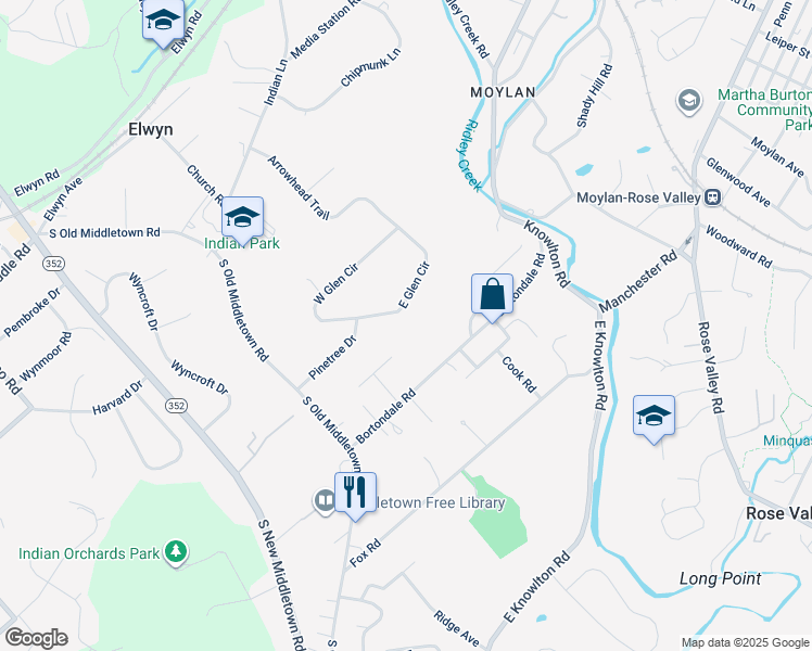 map of restaurants, bars, coffee shops, grocery stores, and more near 6 East Glen Circle in Media