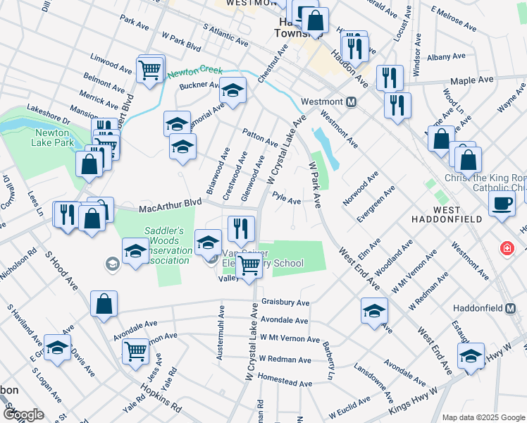 map of restaurants, bars, coffee shops, grocery stores, and more near 2078 West Crystal Lake Avenue in Haddonfield
