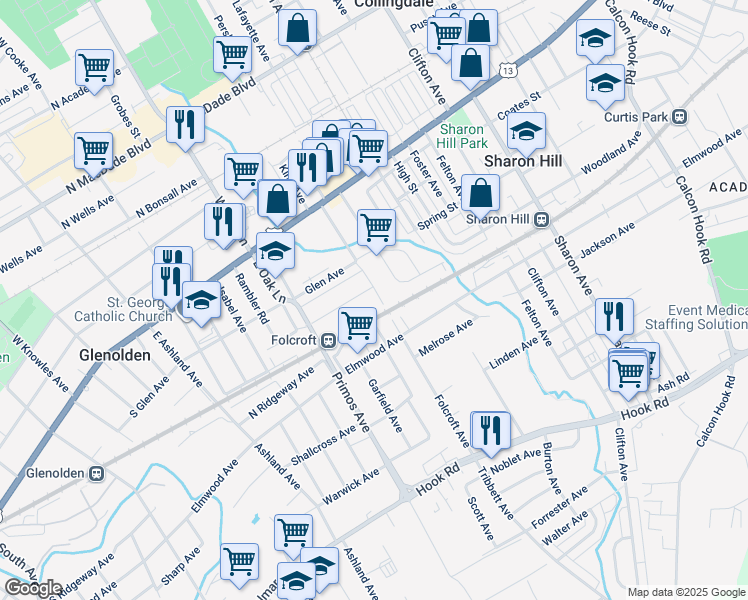map of restaurants, bars, coffee shops, grocery stores, and more near 1505 Woodland Avenue in Folcroft