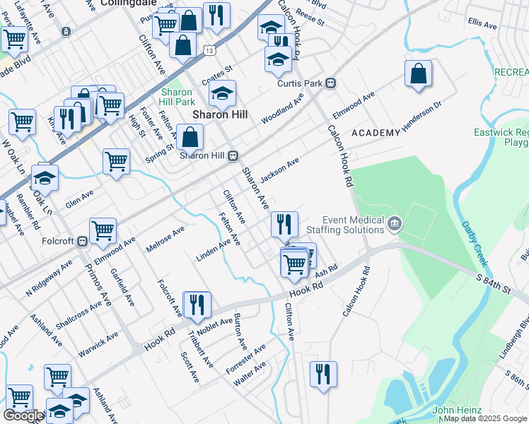 map of restaurants, bars, coffee shops, grocery stores, and more near 636 Sharon Avenue in Sharon Hill