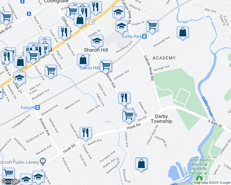 map of restaurants, bars, coffee shops, grocery stores, and more near 636 Sharon Avenue in Sharon Hill