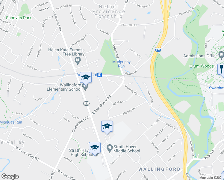 map of restaurants, bars, coffee shops, grocery stores, and more near 105 East Brookhaven Road in Nether Providence Township