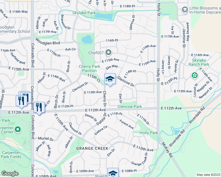 map of restaurants, bars, coffee shops, grocery stores, and more near 11500 Cherry Drive in Thornton