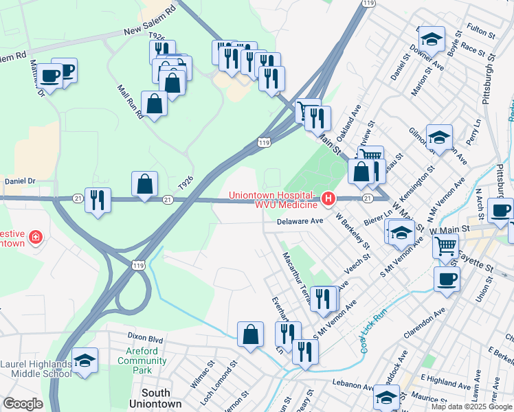 map of restaurants, bars, coffee shops, grocery stores, and more near 211 Easy Street in Uniontown