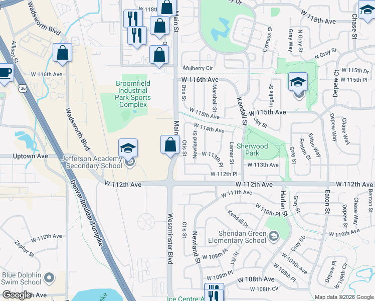 map of restaurants, bars, coffee shops, grocery stores, and more near 11313 Newland Street in Broomfield