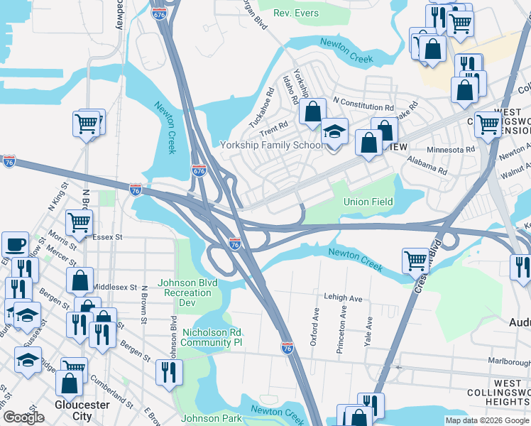 map of restaurants, bars, coffee shops, grocery stores, and more near 1020 South Merrimac Road in Camden
