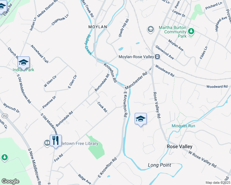 map of restaurants, bars, coffee shops, grocery stores, and more near 12 Foxcroft Lane in Media