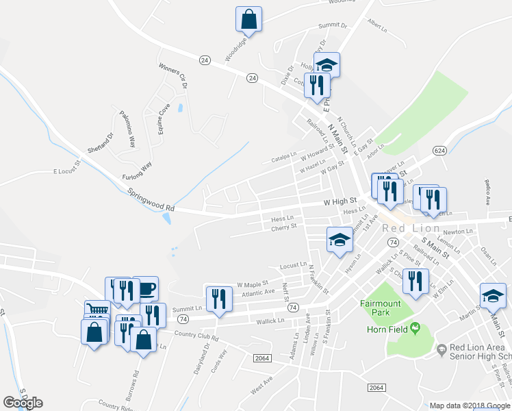 map of restaurants, bars, coffee shops, grocery stores, and more near 108 Western Avenue in Red Lion