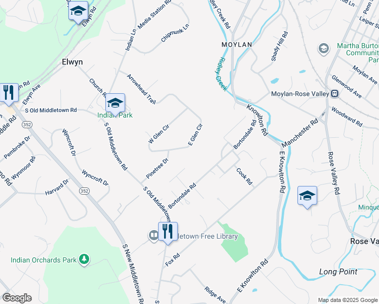 map of restaurants, bars, coffee shops, grocery stores, and more near 6 East Glen Circle in Media