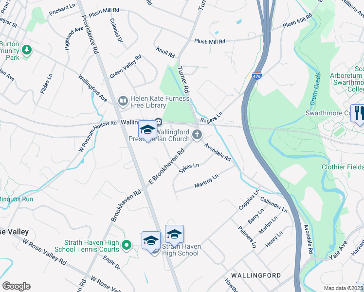 map of restaurants, bars, coffee shops, grocery stores, and more near 105 East Brookhaven Road in Nether Providence Township